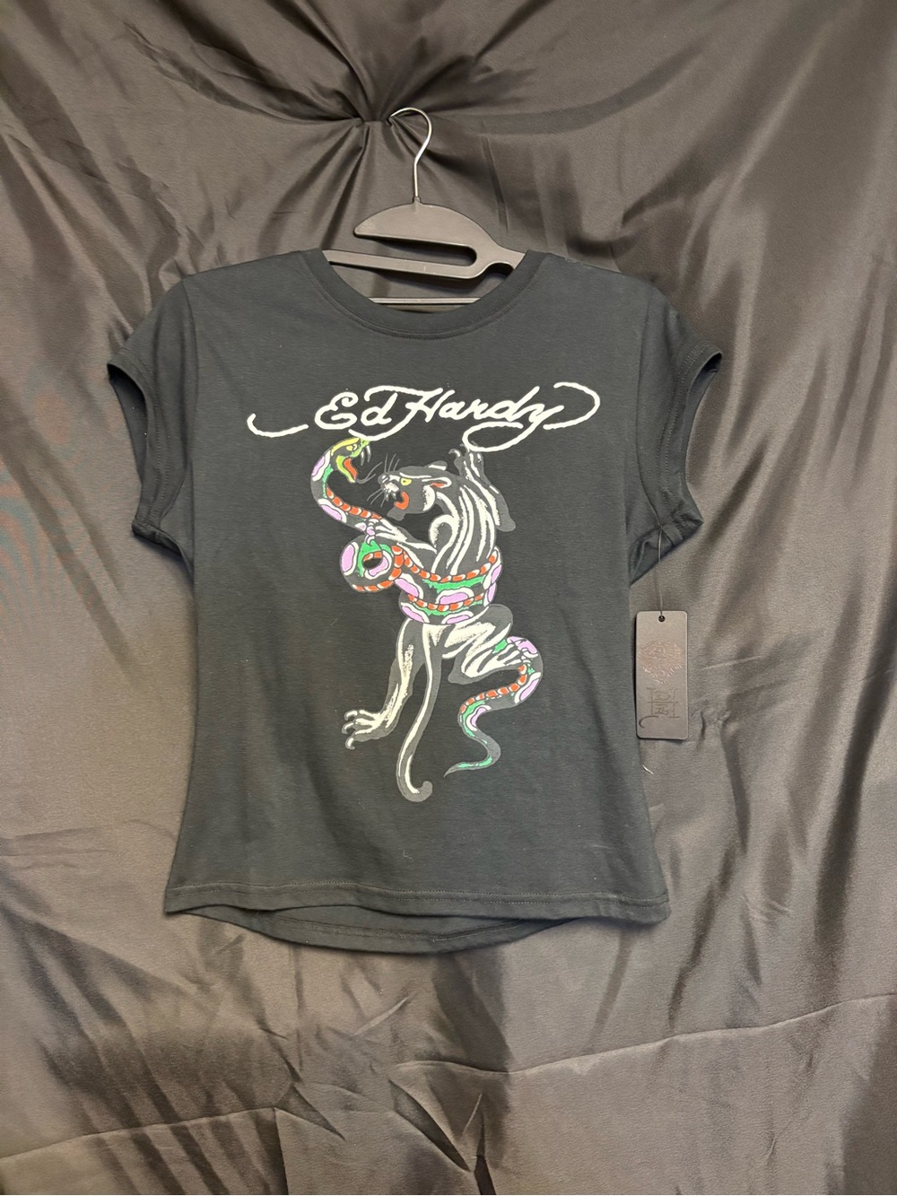 Ed Hardy Black Tee with Colorful Snake & Panther Graphic